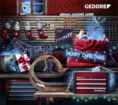 A festive workshop scene with tools and Christmas decorations, featuring a Santa sack and a tool chest.