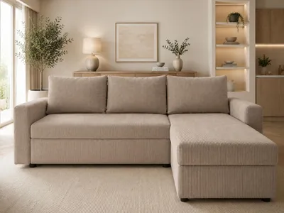 Produktbild von CODY Ecksofa mit Schlaffunktion 220 cm Schlafsofa Cappuccino Cordstoff Bettkasten Bonellfederung