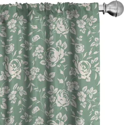 Image de ABAKUHAUS Rideaux à fleurs, voilages, branches de roses classiques, pétales victoriens, motif botanique romantique, 2 pièces 75 x 175 cm, vert réséda crème