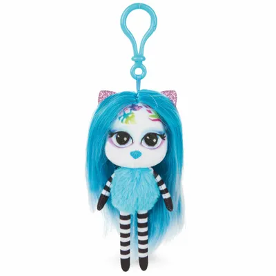 A plush toy with blue hair and cat ears, wearing a blue fluffy body and striped socks, attached to a blue clip.