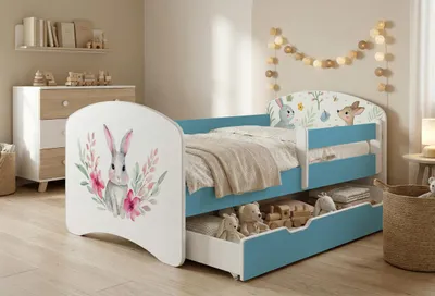 Produktbild von Happy Babies Kinderbett mit Rausfallschutz Junge 140x70 Bett für Kinderzimmer mit Schublade Matratze Einzelbett für Kinder, Blau, Bunte Aufkleber