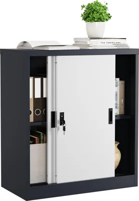 Image de Armoire de bureau en métal H. 90 x W. 80 x T. 40 cm / Meuble de bureau pour dossier / Armoire en acier verrouillable / Armoire de porte coulissante Malivo 2 compartiment avec portes coulissantes