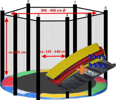 Produktbild von walexo Trampolin Randabdeckung + Sicherheitsnetz für 8 Stangensystem ( 396 cm Ø, Bunt/Schwarz )