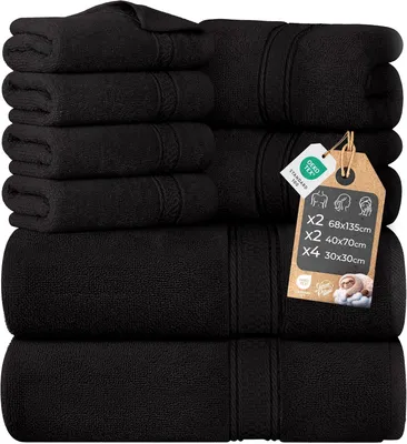 Zdjęcie produktu dla Zestaw ręczników Cloud Pillow, 8 sztuk – 100% bawełna, certyfikat Oeko-TEX, 460 g/m², 2 ręczniki kąpielowe 68x135, 2 ręczniki do rąk 40x70, 4 myjki 30x33 (czarne)