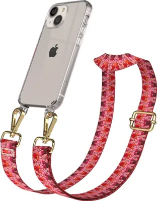 Produktbild von EAZY CASE Handykette - Verstellbarer Trageriemen kompatibel mit Apple iPhone 13 Mini, Handykordel mit transparenter Silikon-Hülle, Karabiner Gold, ZickZack Style, Band in Lila