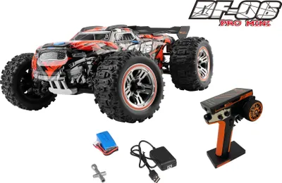 A remote-controlled truck and its accessories are displayed on a white background.