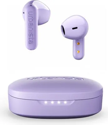 A pair of violet wireless earbuds and their charging case are displayed against a white background.