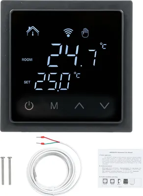 A smart thermostat with a digital display showing temperature readings and icons for Wi-Fi and home. It is shown with its accessories, including screws, a wire, and an instruction manual.