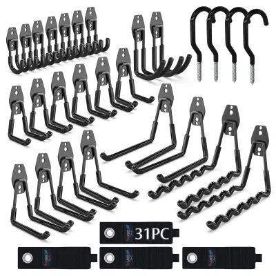 Image de Lot de 31 crochets muraux robustes pour garage, crochets doubles disponibles en plusieurs tailles pour outils de jardinage, pelles, tuyaux, échelles, outils électriques ; système de rangement pour garage, jardin et atelier (noir)