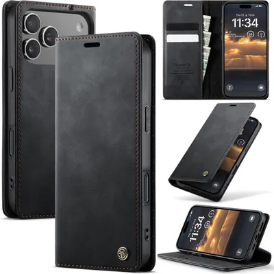 Image de Housse pour iPhone 17 Pro Housse en cuir avec protection RFID Housse à rabat Aimant Porte-cartes Support Noir
