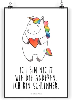 Produktbild von Mr. & Mrs. Panda Bild Einhorn Herz DIN A5 - Weiß - Geschenk, Plakat, Unicorn, Wandbild, Anders, Bunt, wanddeko, Wanddekoration, drucke, Einhörner, Lustig