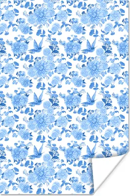 Produktbild von MuchoWow® Poster Blumen - Rosen - Vögel - Blau 80x120 cm - Papierdruck