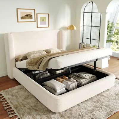 Produktbild von STILVORA Polsterbett 160x200 mit Bettkasten Jugendbett Funktionsbett mit gepolstertes Kopfteil Bettgestell ohne matratze, Bouclé, Beige