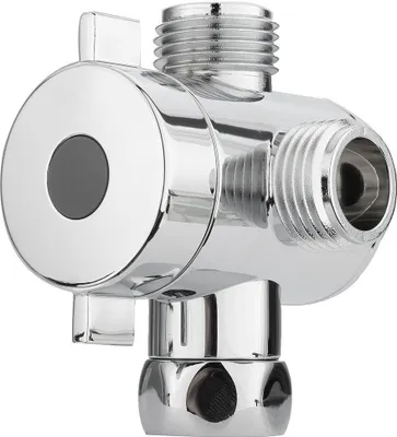 A close-up studio shot of a chrome shower diverter valve.