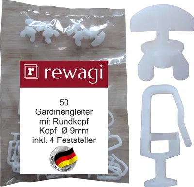 Produktbild von rewagi® 50x Gleiter mit Rundkopf Ø 9 mm + 4 Feststeller – Weiß – Kunststoff – 6 mm