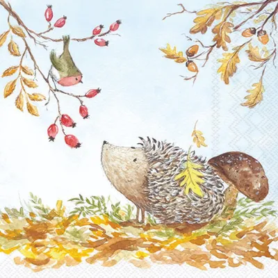 Produktbild von 20 Servietten Forest Friends - Herbstcomic Igel und Vogel 33x33cm