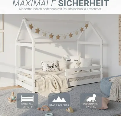 Produktbild von Homestyle4u Kinderbett 80x160 mit Lattenrost mit Rausfallschutz Hausbett Weiß Bodenbett Montessori