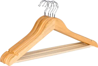 A stack of wooden hangers.