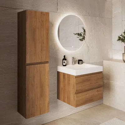 Produktbild von LOMAZOO AZURO Eiche warm - Weißes Waschbecken - Mit Hochschrank - 60 cm