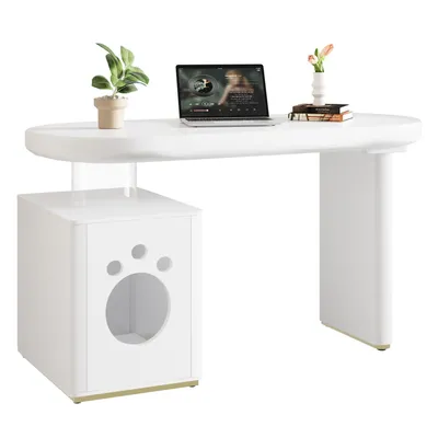 Produktbild von Schreibtisch mit Haustierbett –117×50×76cm, komplett lackiert,abgerundete Kurven,5cm dicke Beine,stabil und modern,weißer französischer Stil