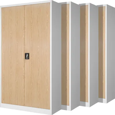 A set of four metal filing cabinets with wood-effect doors, presented in a studio setting against a white background.