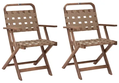Produktbild von BELIANI Gartenstuhl 2er Set Braun Akazienholz Klappbar mit Kunststoffbespannung Armlehnen Rustikal Outdoor Holzstuhl Stuhlset