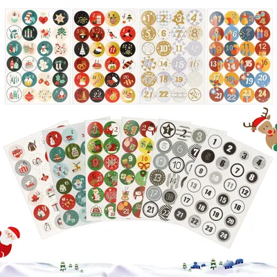 Adventskalender-Aufkleber, 10 Bögen, Zahlen 1-24, rund, DIY-Dekoration