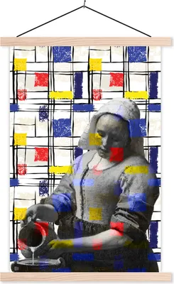 Produktbild von MuchoWow® Textilposter Milchmädchen - Mondrian - Collage 120x180 cm mit holzfarbenen Rahmen - Textil-Plakat