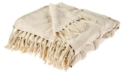 Produktbild von Beige Tagesdecke aus Baumwolle 200x220 cm mit Fransen im modernen Chack-Design