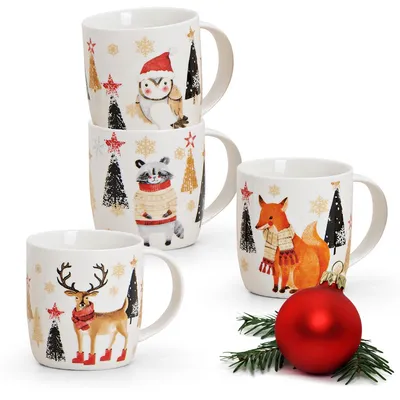 Produktbild von Weihnachtstassen 4er Set Tiere Hirsch Fuchs Eule Kaffeetassen