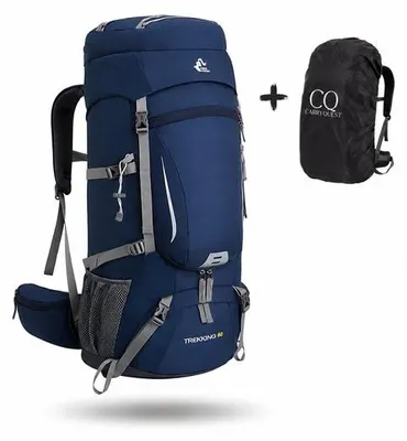 Productafbeelding van CarryQuest® - Wandelrugzak 60L, waterdicht nylon met regenhoes, schoenvak, blauw
