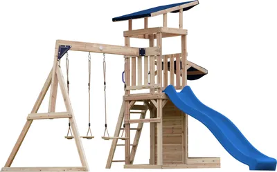 Produktbild von AXI Malik Spielturm aus Holz mit 2 Schaukeln | XXL Spielhaus / Spielplatz für Kinder mit Sandkasten, Spielwand & Rutsche in Blau | Schaukelgerüst für den Garten