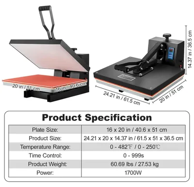 Obrázok produktu pre Tepelné lisy – lisy na transfer – sublimačné lisy – lisy na textil – veľká lisovacia platňa s rozmermi 16 x 20 palcov