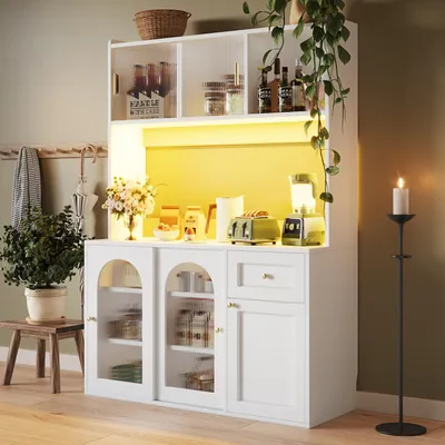 Produktbild von MODFU Vitrine mit LED-Beleuchtung,Sideboard für Küche und Wohnzimmer,Highboard mit Verstellbaren Ablagen,Weiß