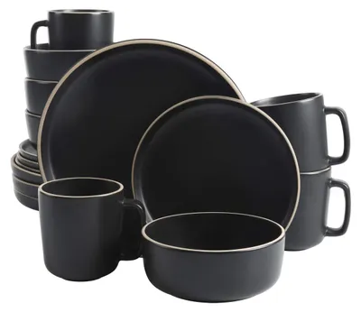 Produktbild von Geschirrset Tafelservice Teller Schüsseln Becher - 16-teilig - Für 4 Personen - Mattes Steingut Schwarz - Speiseteller Dessertteller Schüsseln und Becher