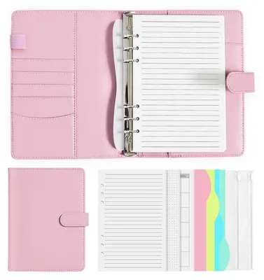 Immagine prodotto di Quaderno ad anelli A5, ricaricabile, in ecopelle, rosa, con 165 fogli, divisori e tasche