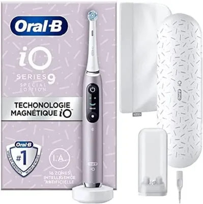 A product shot of an Oral-B iO Series 9 Special Edition electric toothbrush and its accessories, presented in its packaging.