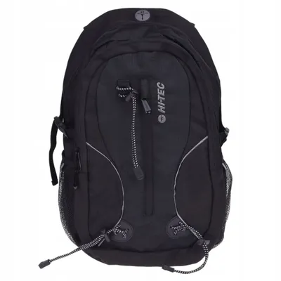 A black backpack is shown against a white background.