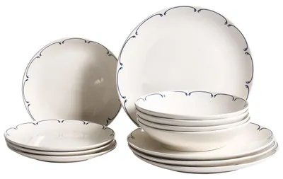 Obrázek produktu pro BELIANI Sada 12 kusů porcelánové nádobí bílá modré ozdobné okraje průhledná glazura kuchyně jídelna