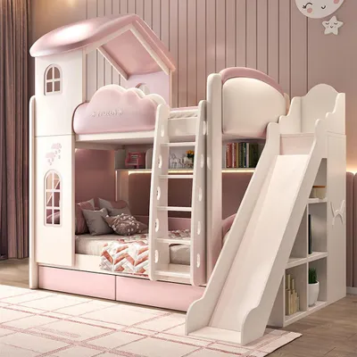 Produktbild von Etagenbett 120 x 190 cm mit Lattenrost, Kinderbett mit Rutsche und Leiter, Hausbett mit Rausfallschutz, Doppelbett Rosa /HTFC/