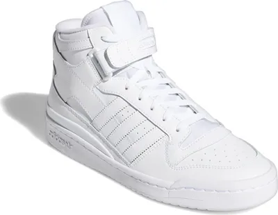 A white Adidas Forum Mid sneaker is shown against a white background.