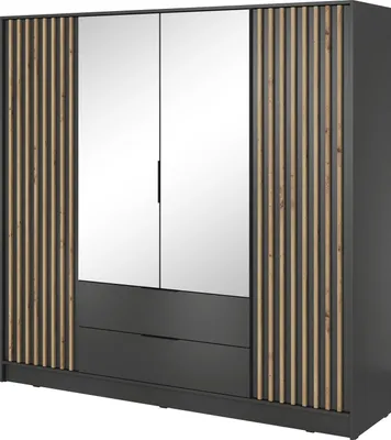 Produktbild von Kleiderschrank Stilo Graphit Grau mit Spiegel & Lamellen – 206 cm, 4 Türen, 2 Schubladen, Loft Design