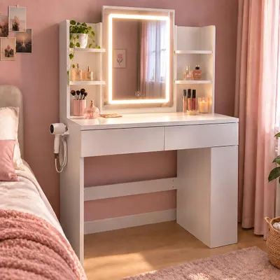 Productafbeelding van Make-up tafel met spiegel, lades en verstelbare LED-verlichting. Kaptafel, make-uptafel, 90 x 40 x 135 cm, wit