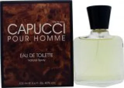 A bottle of Capucci Pour Homme Eau de Toilette and its packaging are shown against a white background.