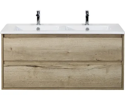 Produktbild von Sanox Badmöbel-Set Porto BxHxT 121 x 57 x 51 cm Frontfarbe eiche natur mit Doppel-Waschtisch Keramik weiß Griff chrom 84