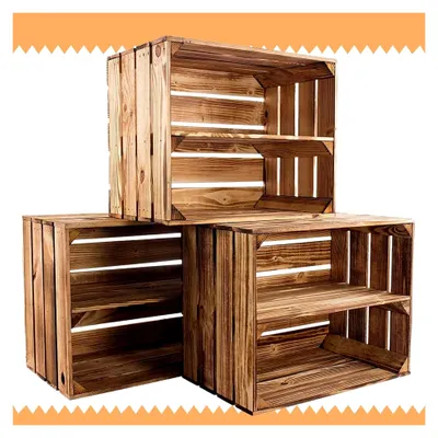 Produktbild von 3er Set Obstkisten mit Zwischenbrett – geflammt – Holzkisten als Schuhregal 50x30x40cm
