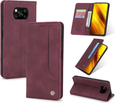 Produktbild von Xiaomi Poco X3 Pro Hülle, LaimTop Retro Kunstledertasche Schutzhülle mit Kartenfach Standfunktion für Xiaomi Poco X3 / Poco X3 Pro Rot