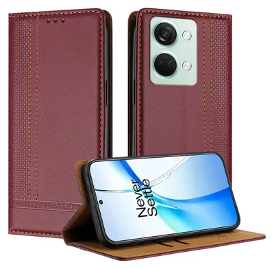 A dark red flip case for a smartphone is shown, with the phone inside displaying a blue and white wallpaper. The case is open, revealing the phone's screen and camera.