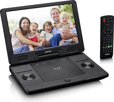 A portable Blu-ray/DVD player with a remote control, shown with a family photo displayed on the screen.
