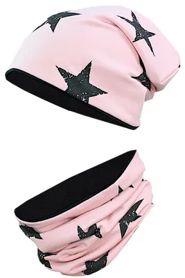 Produktbild von TupTam Unisex Kinder Beanie Mütze Schlauchschal Set, Farbe: Sterne Schwarz / Rosa, Größe: 54-56